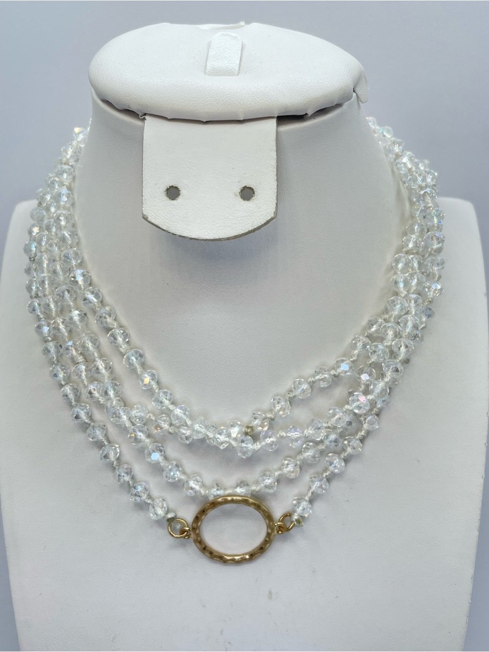 Long Clear White Crystal Glass Beaded Knotted Statement Necklace Gold Glam